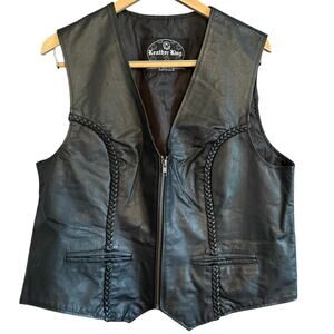 LEATHER KING | Black Full Grain Leather Motorcycle Vest with Braids | Large